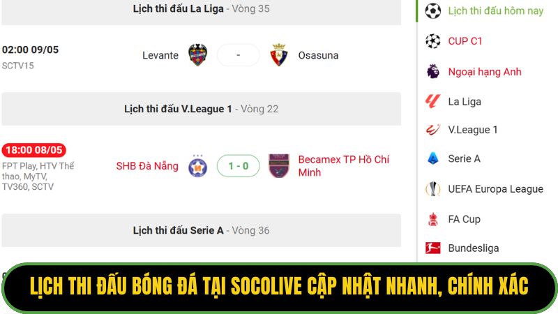 Lịch thi đấu bóng đá tại Socolive cập nhật nhanh, chính xác