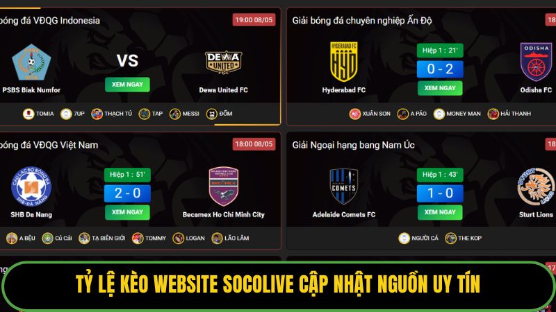 Tỷ lệ kèo website Socolive cập nhật nguồn uy tín
